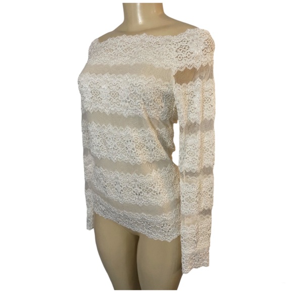 Y2K Coquette Lace Sheer Floral Long Sleeve Off White Top Off the Shoulder S/M - Picture 3 of 9